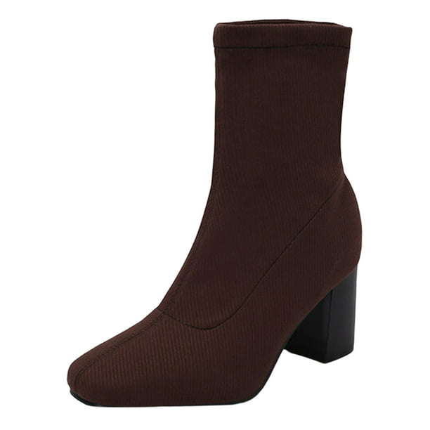 NECHOLOGY Botas Mujer Adulto Femenino Zapatos Botines para mujer Botas de mujer de tela con punta cuadrada y tacón y grueso Color sólido Media Botas de tamaño Botines Botas (Brown, 7)