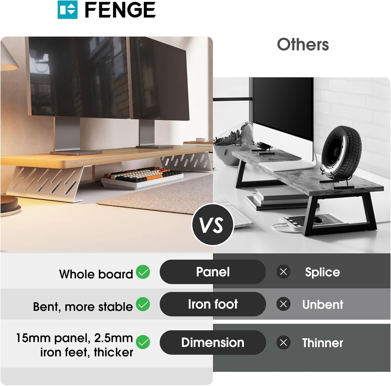 Wood and Steel Dual Monitor Stand Riser for Desktop, Laptop, PC, and Printer