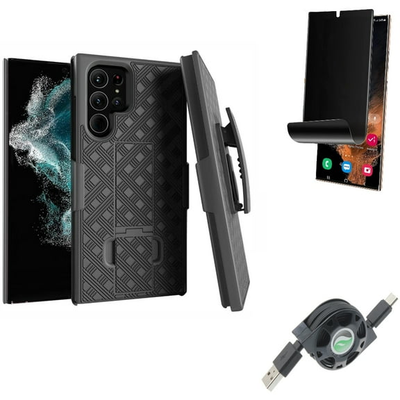 Case Belt Clip & Privacy Screen Protector & USB Cable for Samsung Galaxy S22 Ultra (6.8") - Combo Holster Swivel Cover & TPU Film (Fingerprint) Anti-Peep & Retractable Type-C Charger