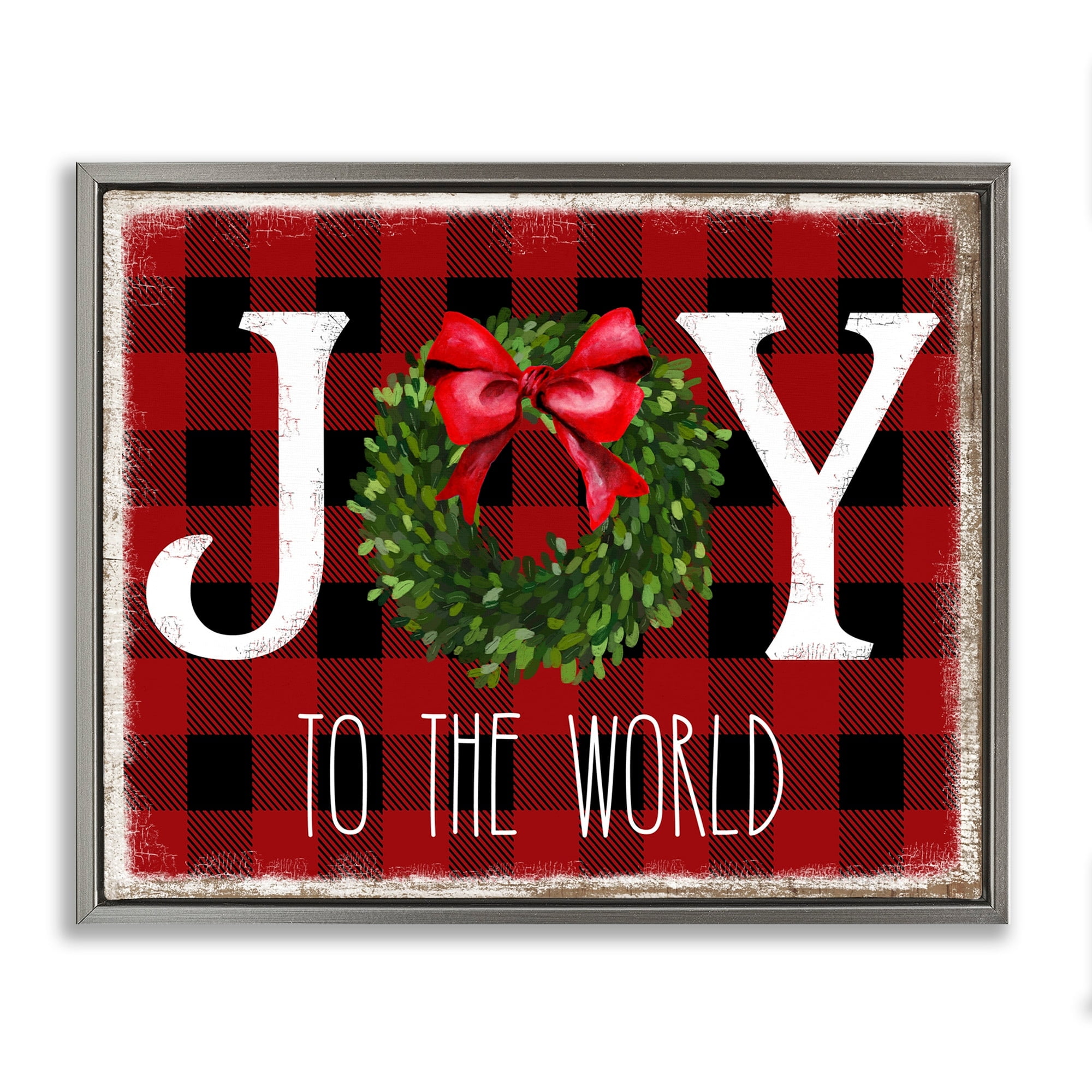 Stupell Industries Joy To World Christmas Charm Buffalo Plaid Luster Gray Framed Floating Canvas Wall Art, 24x30, by Deborah Brown
