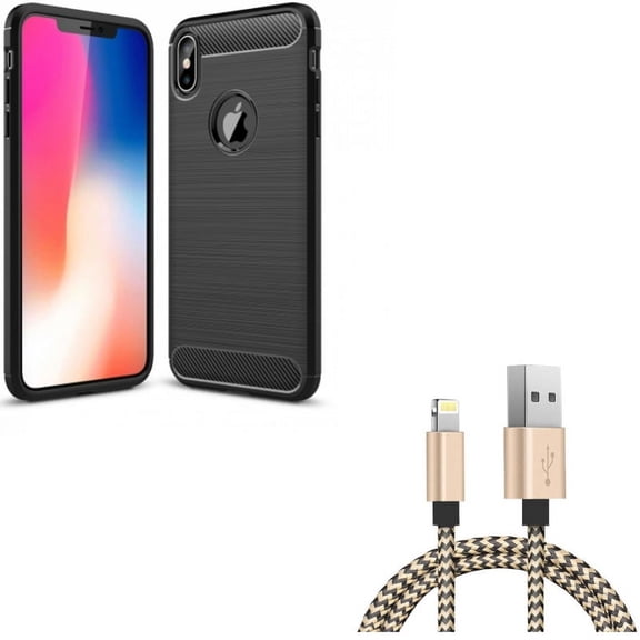 3ft USB Cable w Carbon Fiber Case for iPhone XS Max - Charger Cord Power Wire Sync and Slim Fit Cover Reinforced Bumper Shock Absorbent Black