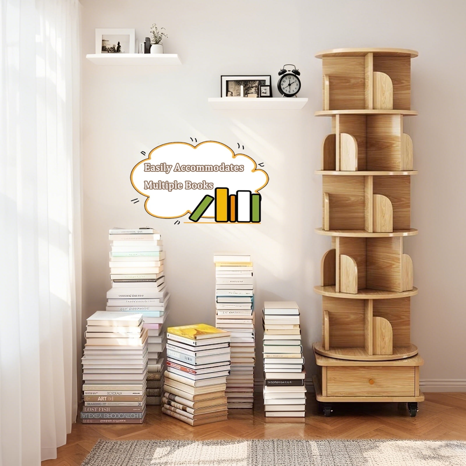 6 Tier Rotating Bookshelf, 360° Display Spinning Bookshelf Tower with Wheels and Drawer, Wood Tall Bookshelfs for Small Space, Corner Bookcase for Bedroom, Living Room, Study Room
