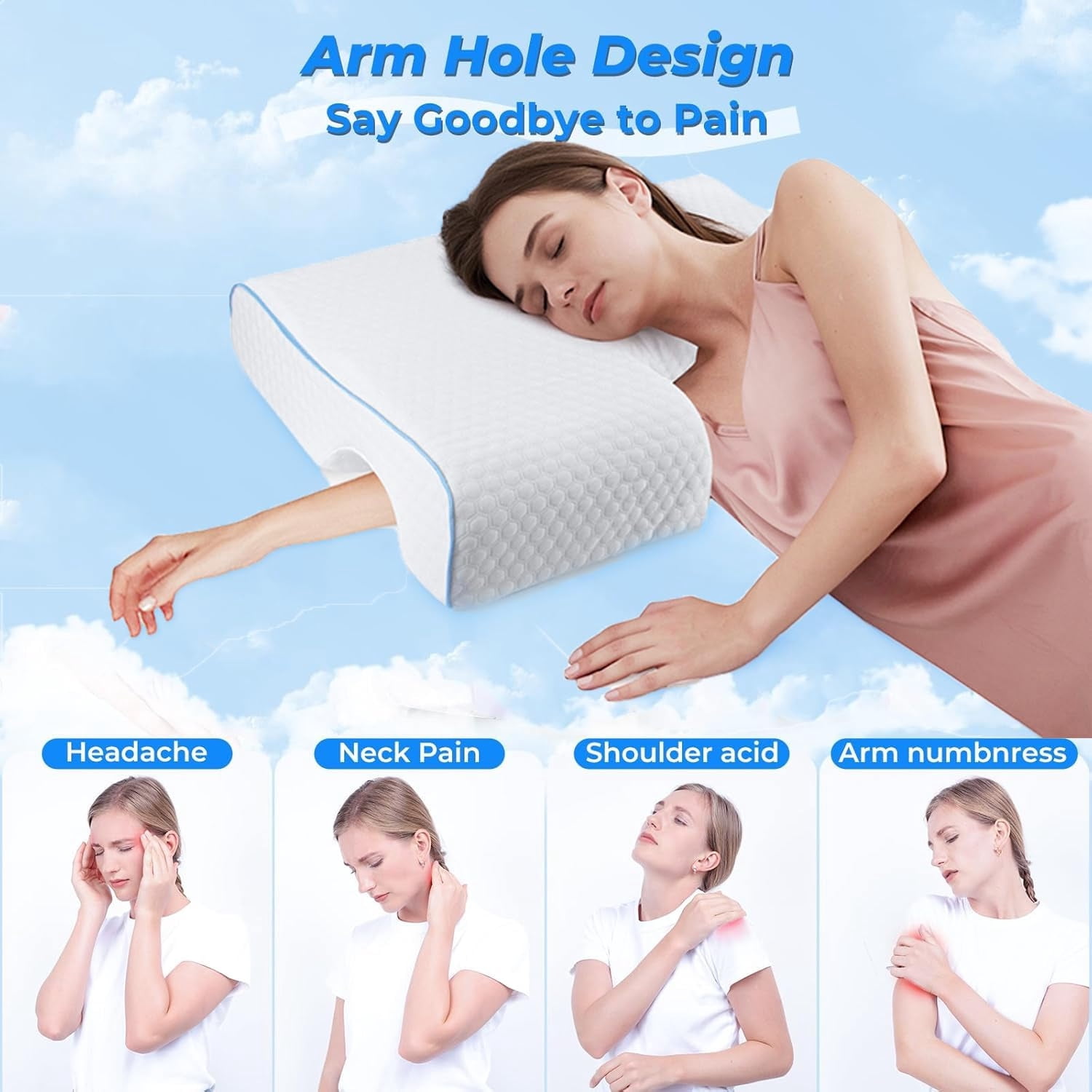 Oaskys Ergonomic Arched Hug Pillow, Double Couple Cuddle Pillow, Memory Foam Arm Rest Sleeping Pillow, No Hand Pressure Design for Comfortable Sleep