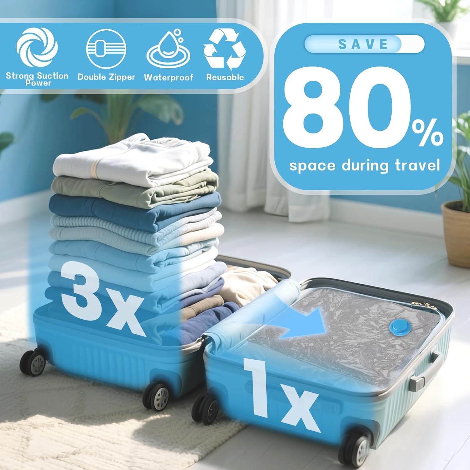 15 Pack Vacuum Storage Bags with Wireless Electric Pump, 3 Sizes for Clothes, Luggage, Blankets & Comforters