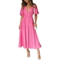 thumbnail image 1 of xiaxaixu Robe Maxi Décontractée d'Été pour Femmes Couleur Unie Manches Courtes Col en V Plissé Robe Longue de Plage, 1 of 9