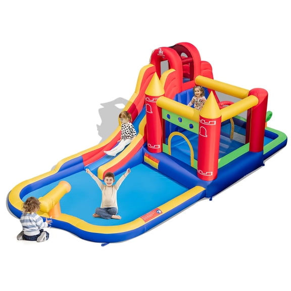 Costway 9-in-1 Inflatable Bounce Castle with Waterslide Splash Pool for 3  without Blower