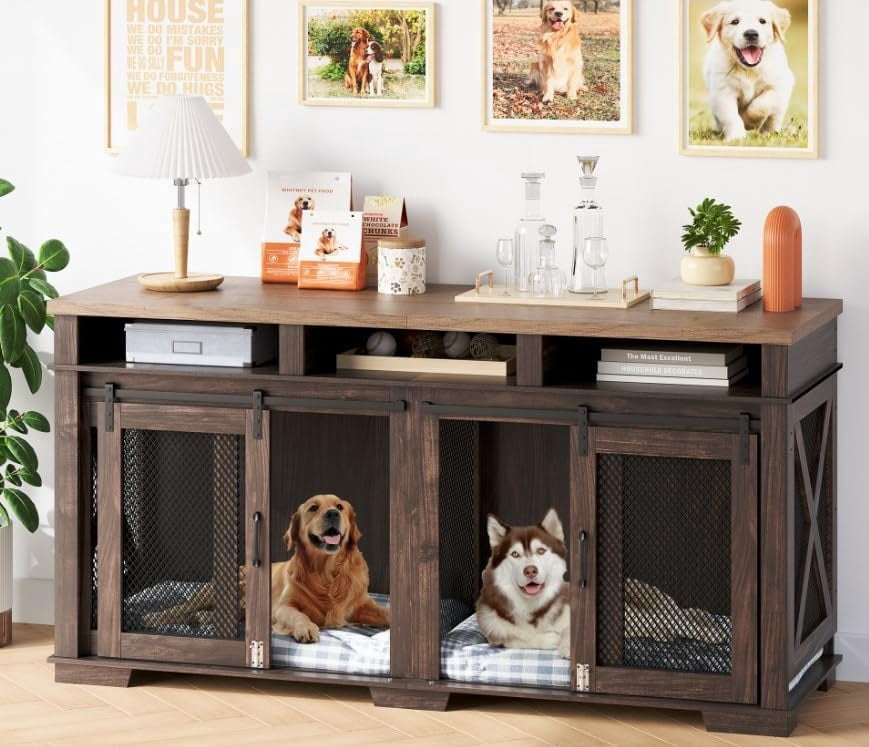 Rugerasy 71Inch Dog Crate Furniture for 2 Large Medium Dogs,Dog Kennel with 3 Storage Compartments and Removable Divider,Indoor Dog Cage TV Stand,Double Dog Crates with Sliding Barn Door