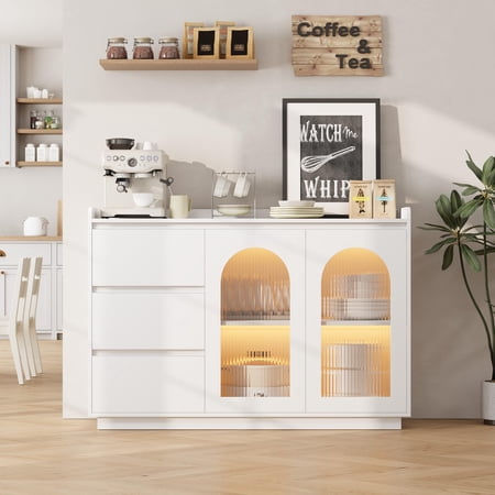 Huloretions Sideboard Buffet Cabinet with Storage Large Kitchen Storage Cabinet with 3 Drawers Glass Doors 3 Color Led Lights Wood Coffee Bar Buffet Table for Kitchen Dining Room