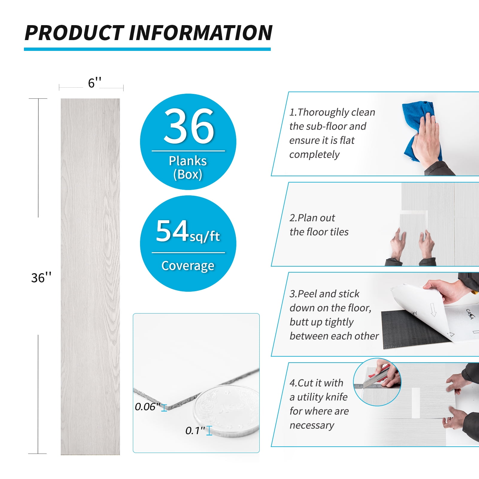 Self-adhesive 6" x 36" x 2mm Luxury Vinyl Plank 36 PACK-54 Sq.Ft