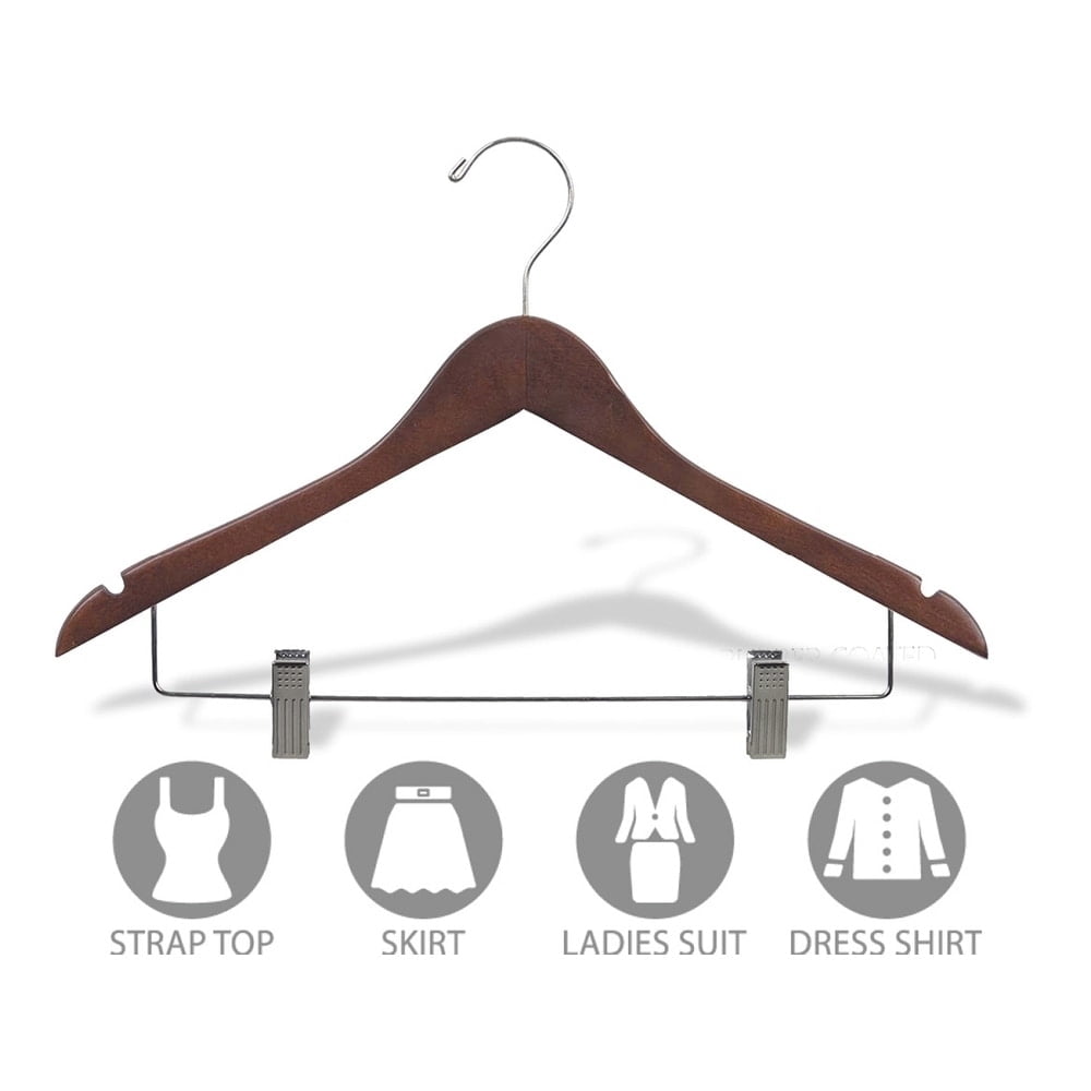 INTERNATIONAL HANGER Rubber Coated Non-Slip Walnut Wood Combo Hanger for Tops or Pants, 25 Pack