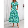thumbnail image 3 of PRETTYGARDEN Summer Maxi Dress for Women Casual Wear To Work V Neck Puff Short Sleeve Smocked Ruffle Flowy Beach Boho Long Floral Dress, 3 of 10