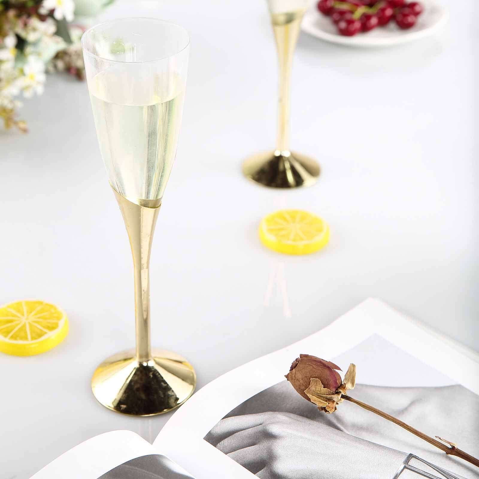 Efavormart 30 Pack | 5 oz | Plastic Champagne Flutes Disposable | Gold | Colored Detachable Base