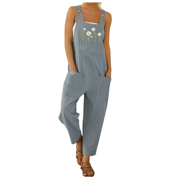 CAIXIA Overalls For Women Floral Embroidery Jumpsuits for Women Casual Denim Overalls with Pockets,Light Gray