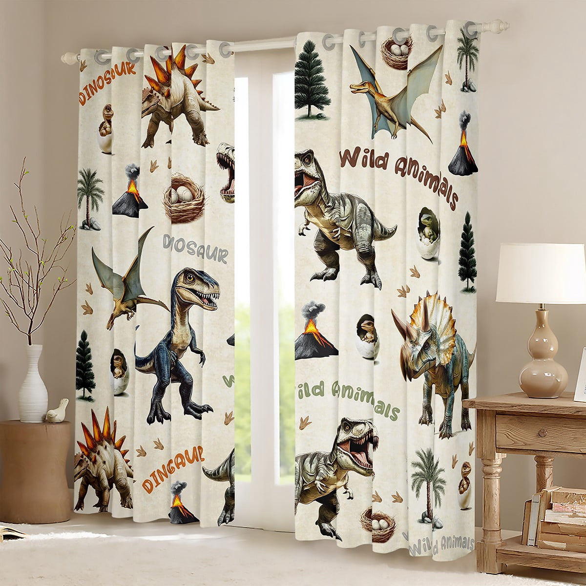 Homewish Ancient Dinosaur Curtains Pack of 2 (42x84 Each),Wild Dino Curtains Blackout,Beige Brown Bedroom Curtains For Boys Teens,Breathable Home Decor