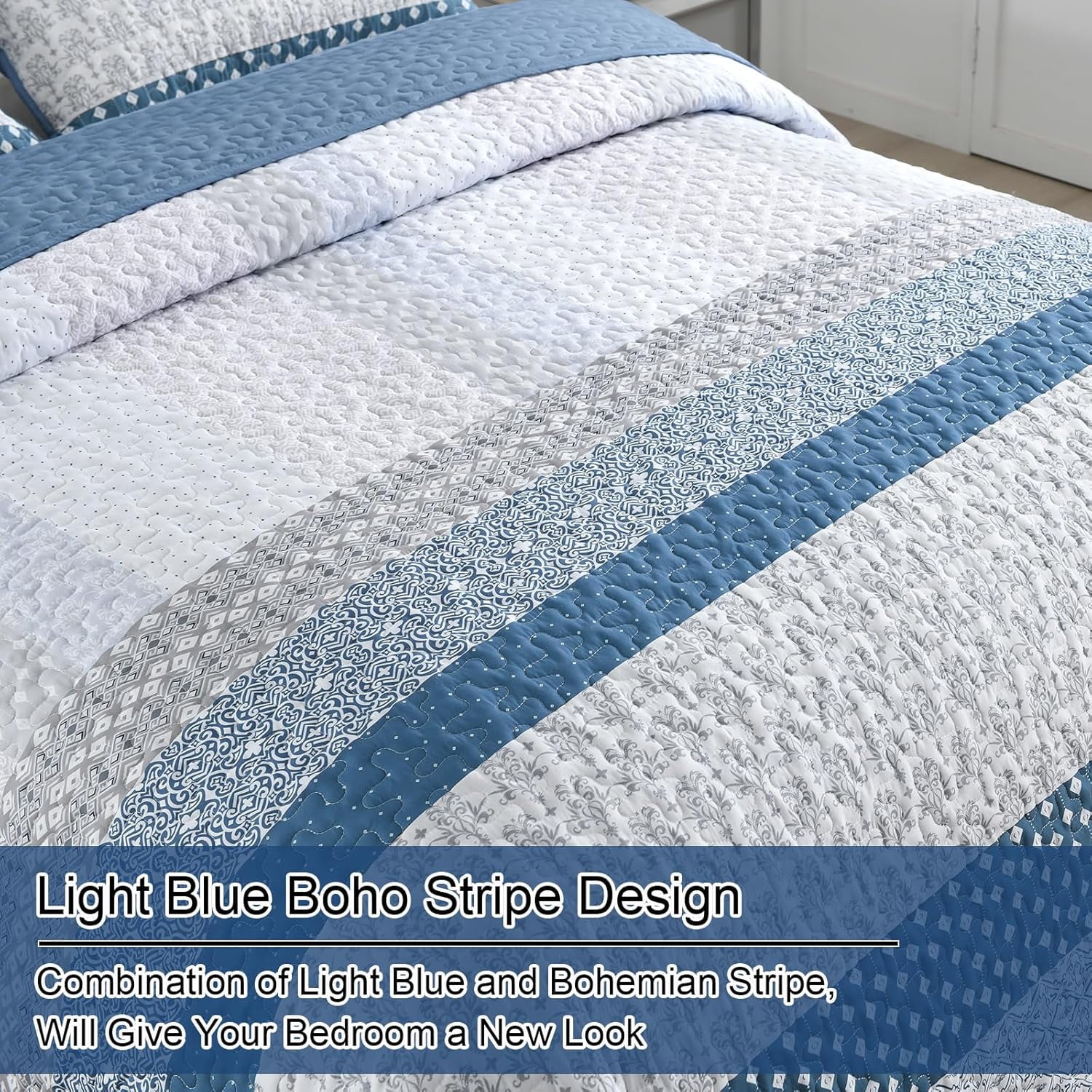 Blue Quilt King Size Bohemian Stripe Quilt Sets 3 Pieces Bedspread Set All Season (104"x90")