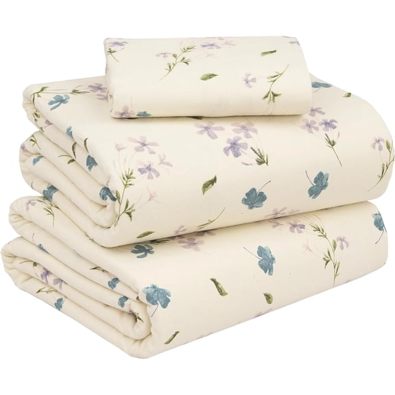 RUVANTI Flannel Sheets Twin Size - 100% Cotton Double Brushed Twin Sheets Set, Deep Pockets 16 Inches, All Seasons Breathable & Extra Soft Bed Sheets, Warm & Cozy, 3 Piece, Jasmine Stamp Cream