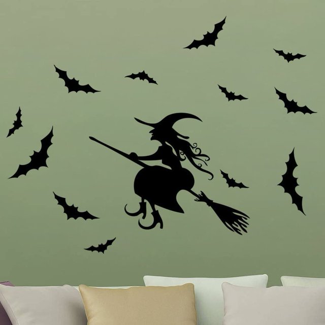 Calcomanía de pared de vinilo removible de bruja de Halloween y murciélago aterrador, paquete de 13 pegatinas de pared ecológicas de Halloween JAMW Sencillez