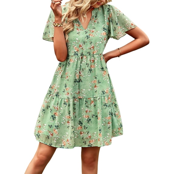 One opening Summer Dresses for Women V Neck Short A-line Sundress Bohemian Floral Print Dresses Vacation Beach Dresses