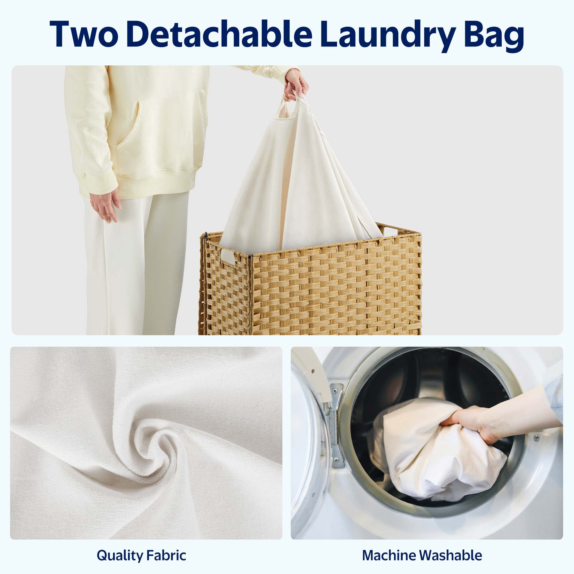 Rolanstar 110L Laundry Hamper Wicker Laundry Basket with Lid, Handles Clothes Hamper Foldable with 2 Removable Liner Bags, Natural