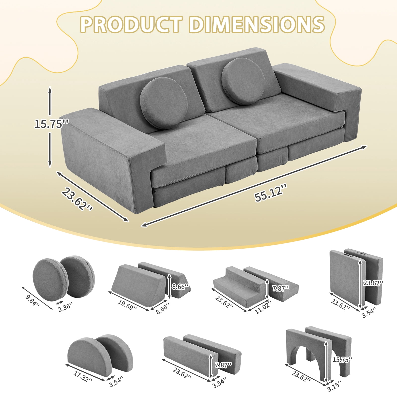 14 PCS Modular Kids Play Couch, Convertible Foam Building Block Sofa Fort Play Set, Corduroy Detachable Floor Sofa for Toddlers Playroom Bedroom Living Room, Grey