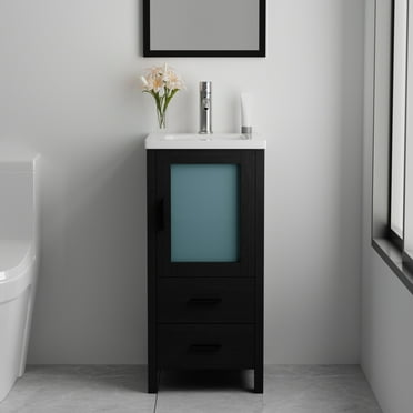 Wonline 16 inch Bathroom Vanity with White Ceramic Sink Combo Modern Bathroom Cabinet for Small Space(Black)