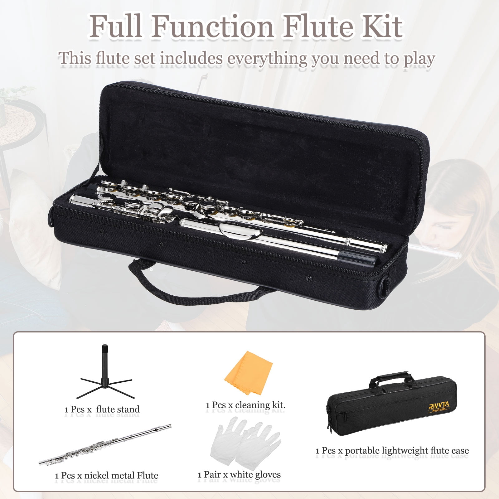 Uxcell C Flutes Closed Hole 16 Keys, Professional Flute for Beginner, with Case, Stand, Cleaning Kit