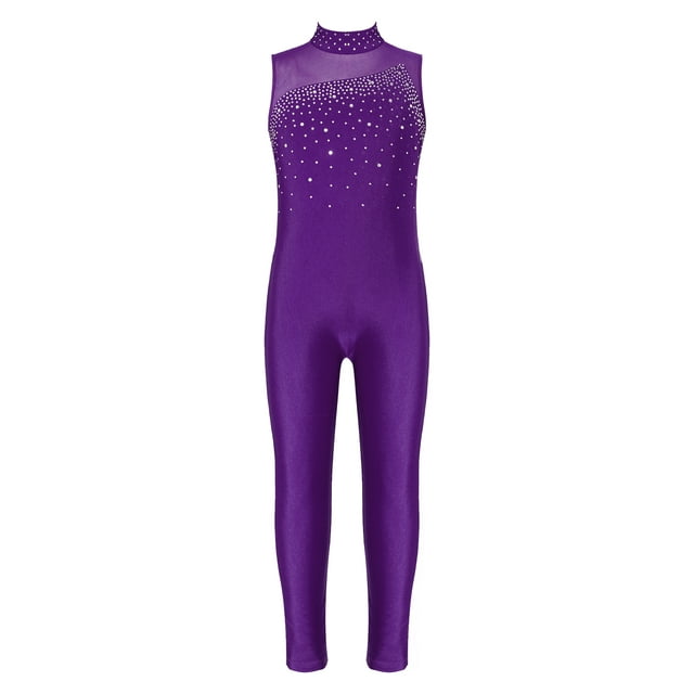 Kaerm Justaucorps de Gymnastique pour Filles Manches Longues Col Rond Brillant Strass Ballet Danse Combinaison Violette 16