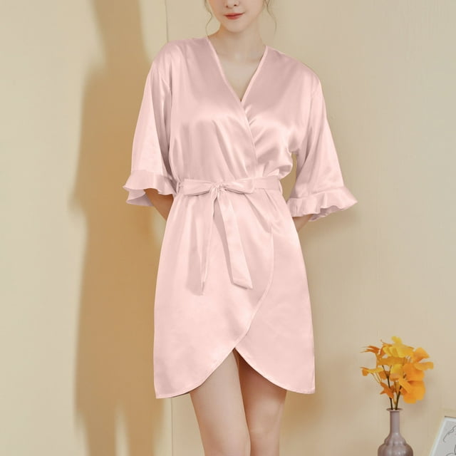 Batas para mujer, con mangas de hojas, estilo corto, sensación fresca, con cinturón, para usar en casa, camisón, batas para mujer