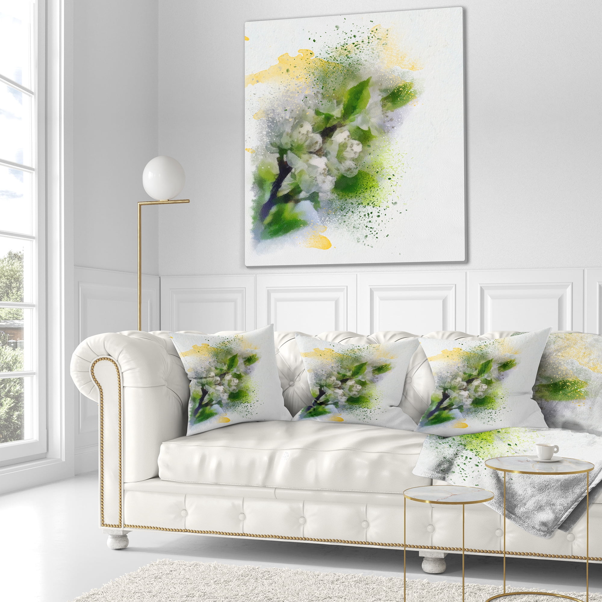 Designart Cherry Branch with Leaves and Flowers - Flower Throw Pillow - 18x18