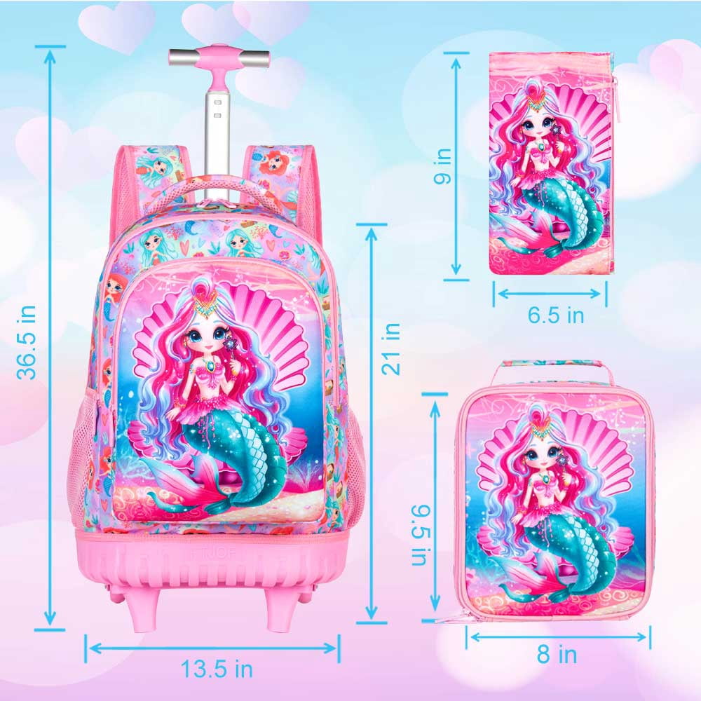 AGSDON 3PCS Rolling Backpack for Girls, 20" Kids Roller Wheels Bookbag, Wheeled School Bag with Lunch Bag - Mermaid Pink