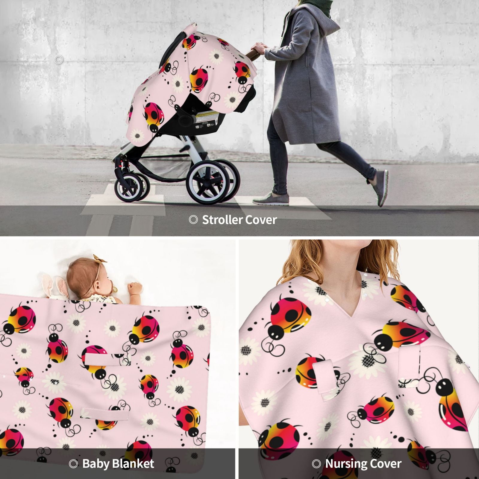 Car Seat Cover Baby - Ladybugs And Flower Breathable Infant Car Seat Cover for Baby Carseat, Lightweight Comfort Baby Essentials Must Haves Newborn Stuff for Girl Boy
