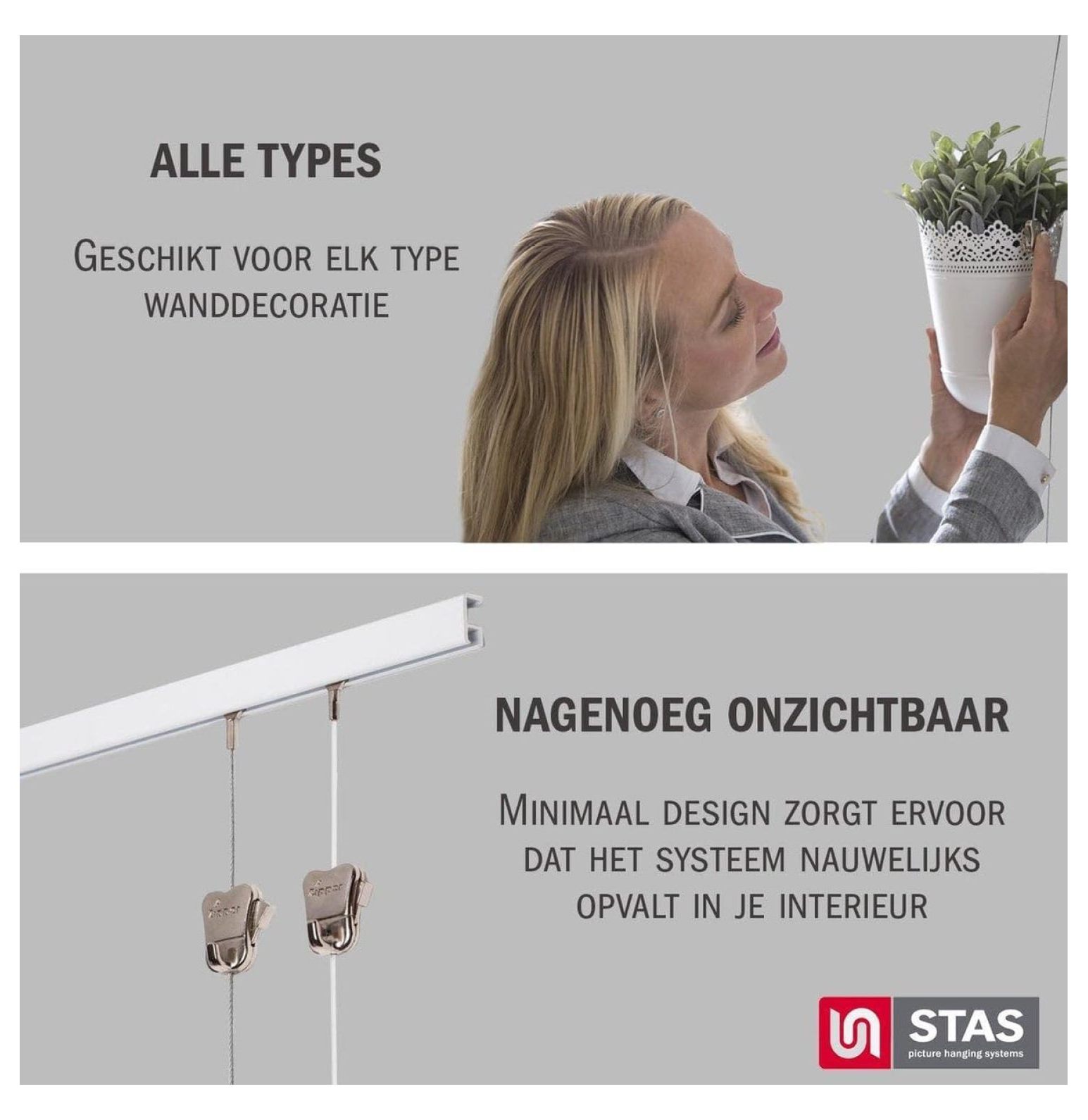 STAS Picture Hanging System minirail White 150 cm - Complete kit, incl. 2 Cords 150cm with