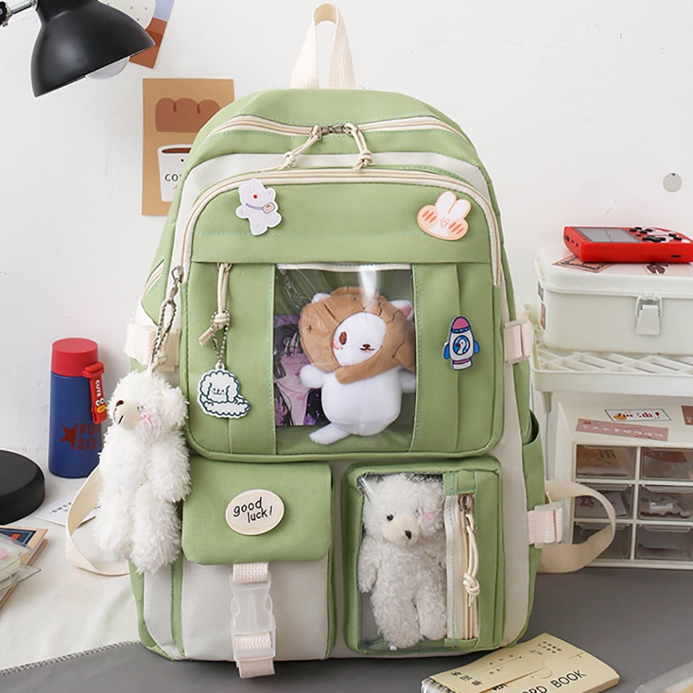 Sanmadrola 5PCS School Backpacks Cute Plush Bear Backpack Set with Pendants and Pins Accessories Kawaii Laptop Bag School Bags, Green