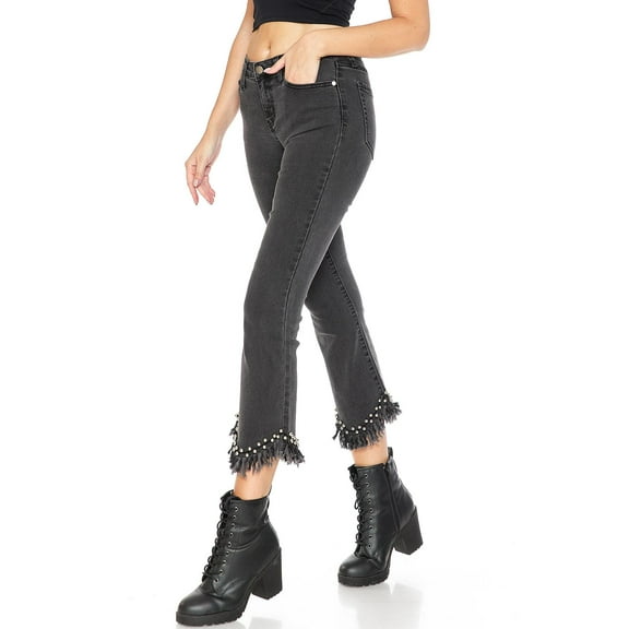 Angry Rabbit Women's Juniors Mid Rise Denim Frayed Studded Jeans (25, Coal Black)