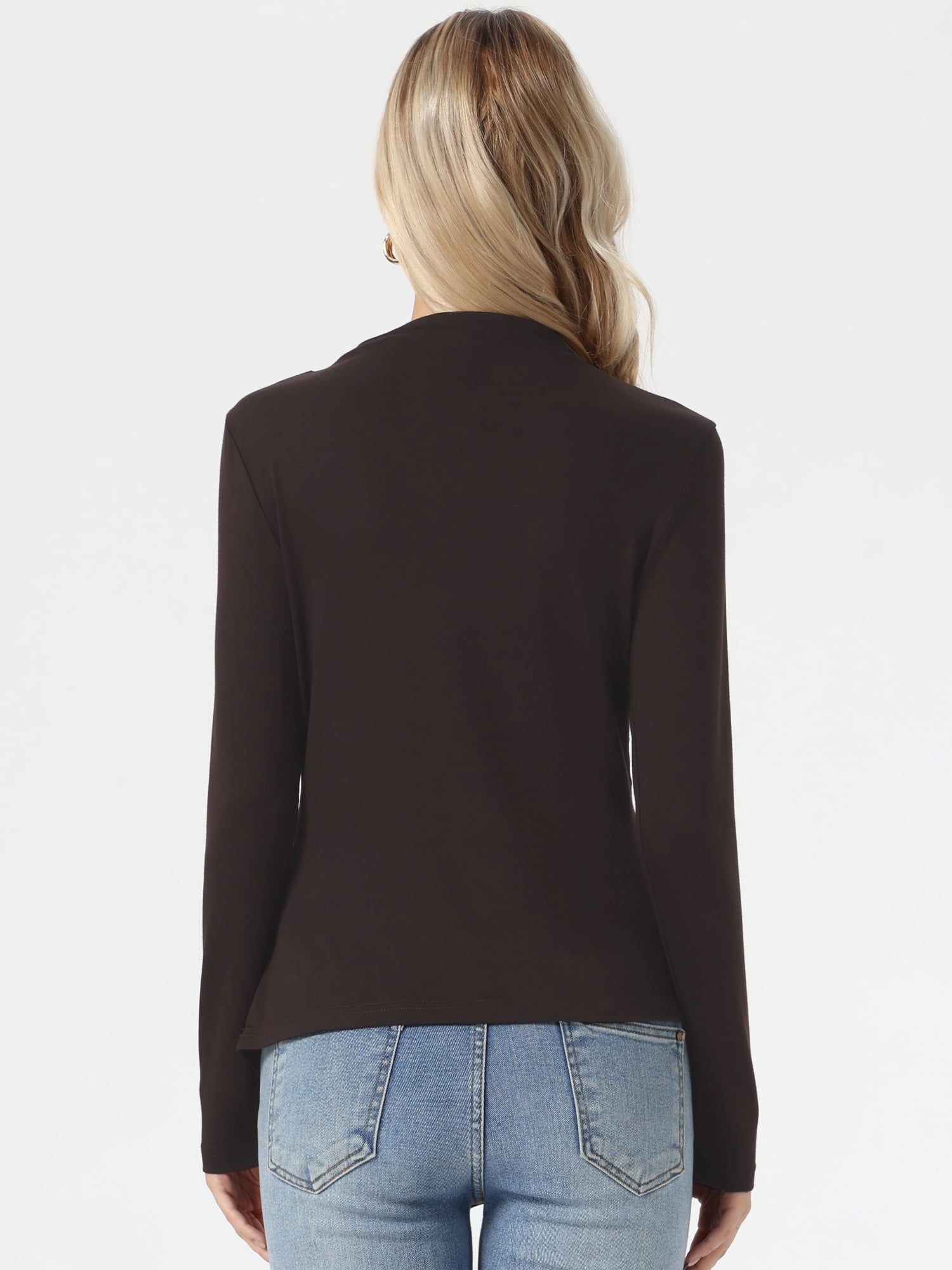DARING DIVA Women's Pleated Mock Neck Long Sleeves Cozy Fitted Top XL Coffee