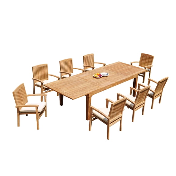 9-Piece Teak Dining Set: 122" Rectangular Extendable Table 8 Wave Stacking Arm Chairs