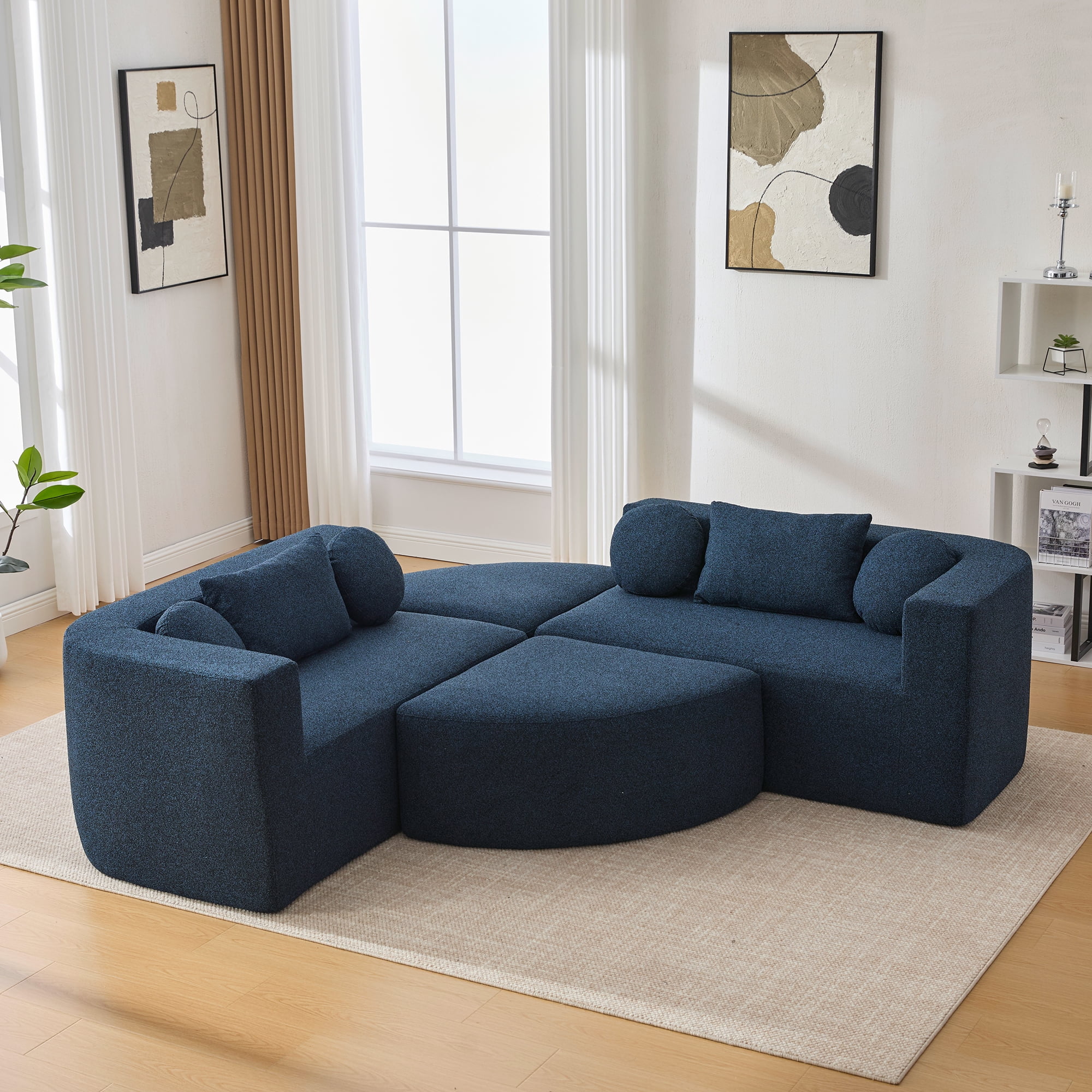 Euroco Boneless Couch Modular Sectional Sofa 114.9" Free-combined Sofa Couch Sofa Bed Compression Sofa with Deep Seating and Curved Design for Living Room, Blue