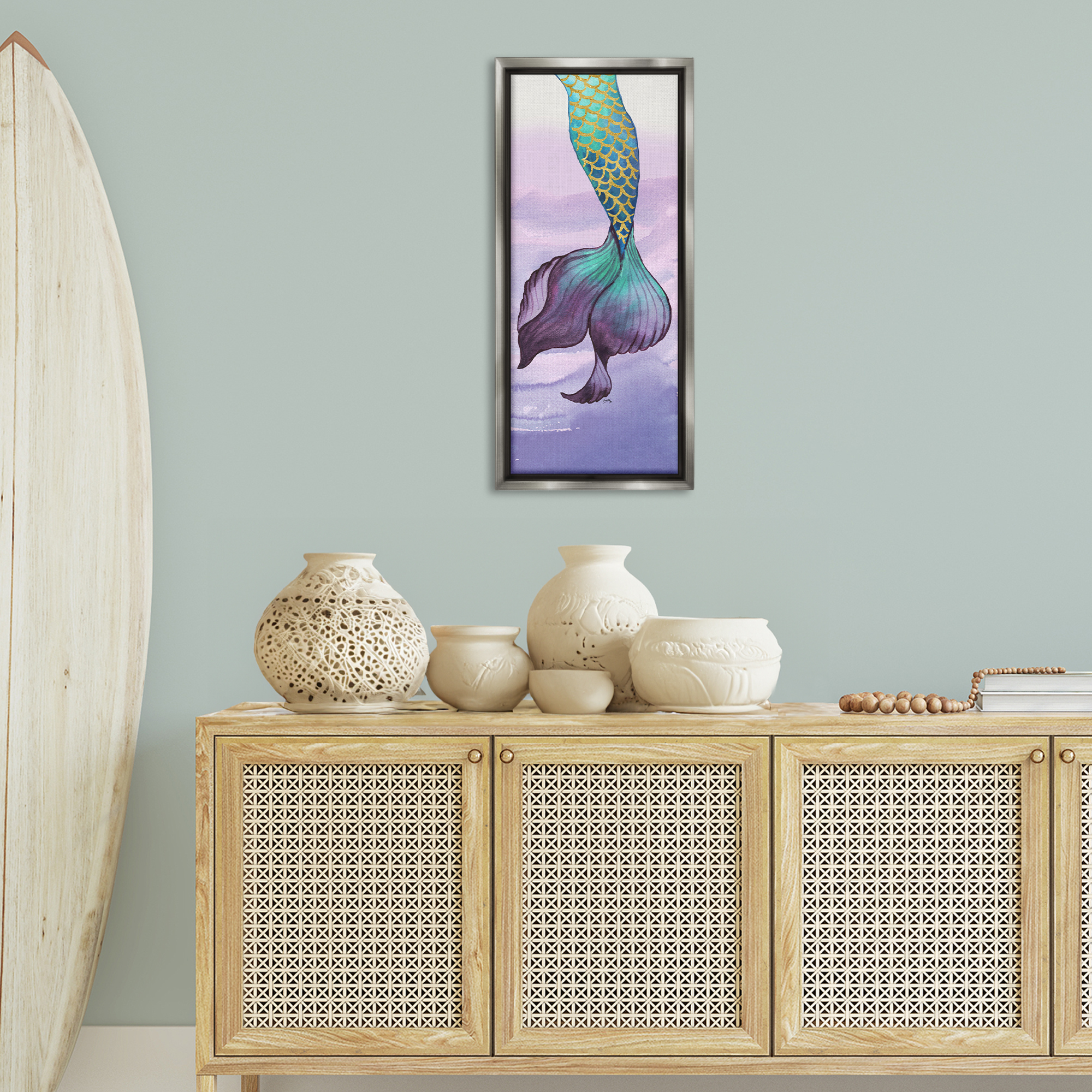 Stupell Industries Glam Accent Mermaid Tail Fairy Tales & Fantasy Painting Gray Floater Framed Art Print Wall Art, 15 x 31