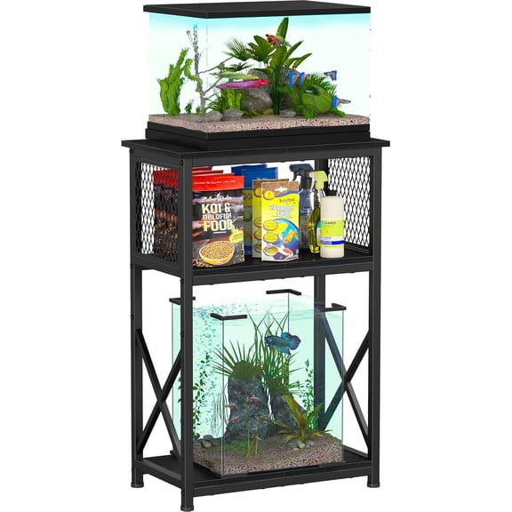 10 Gallon Aquarium Stand with Storage, 3 Tier Heavy Metal Fish Tank Stand Shelf 20.47" x 11.42" x 30.91", Black