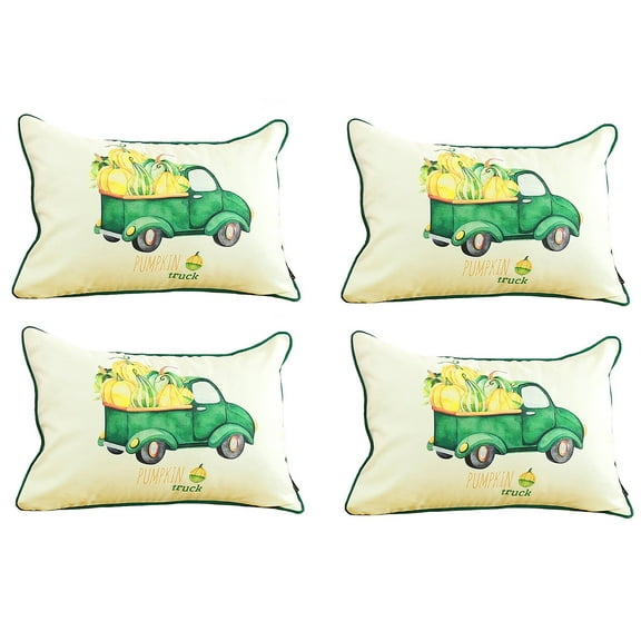 Decorative Fall Thanksgiving Throw Pillow Cover Set of 4 Pumpkin Truck 12 in. x 20 in. White & Green Lumbar for Couch, Bedding