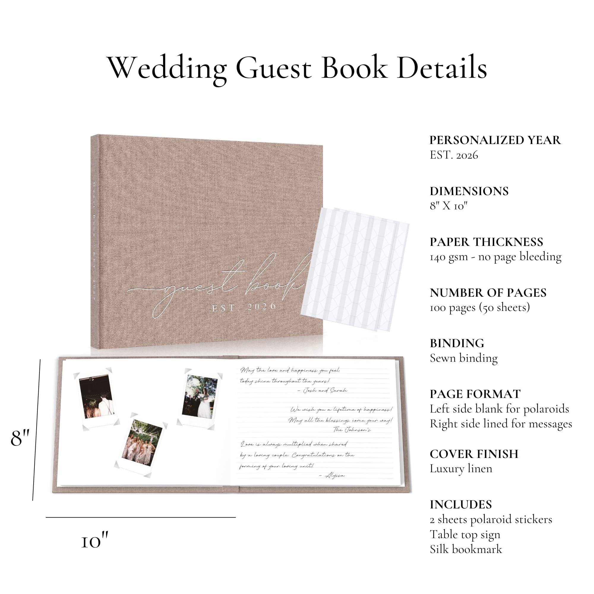 Wedding Guest Book With Personalized 2026 Year - Linen Photo Guestbook to Sign at Reception Party - Includes Clear Photo Corners Self Adhesive - 100 Pages Blank and Lined Thick Paper Guest Books