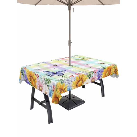 Outdoor Tablecloth with Umbrella Hole for Patio/Picnic/Party/Camping, Sunflowers Waterproof Table Cloth Rectangle Table Cover Washable, Spring Flowers Butterflies Hydrangea Watercolor (60"x 120")