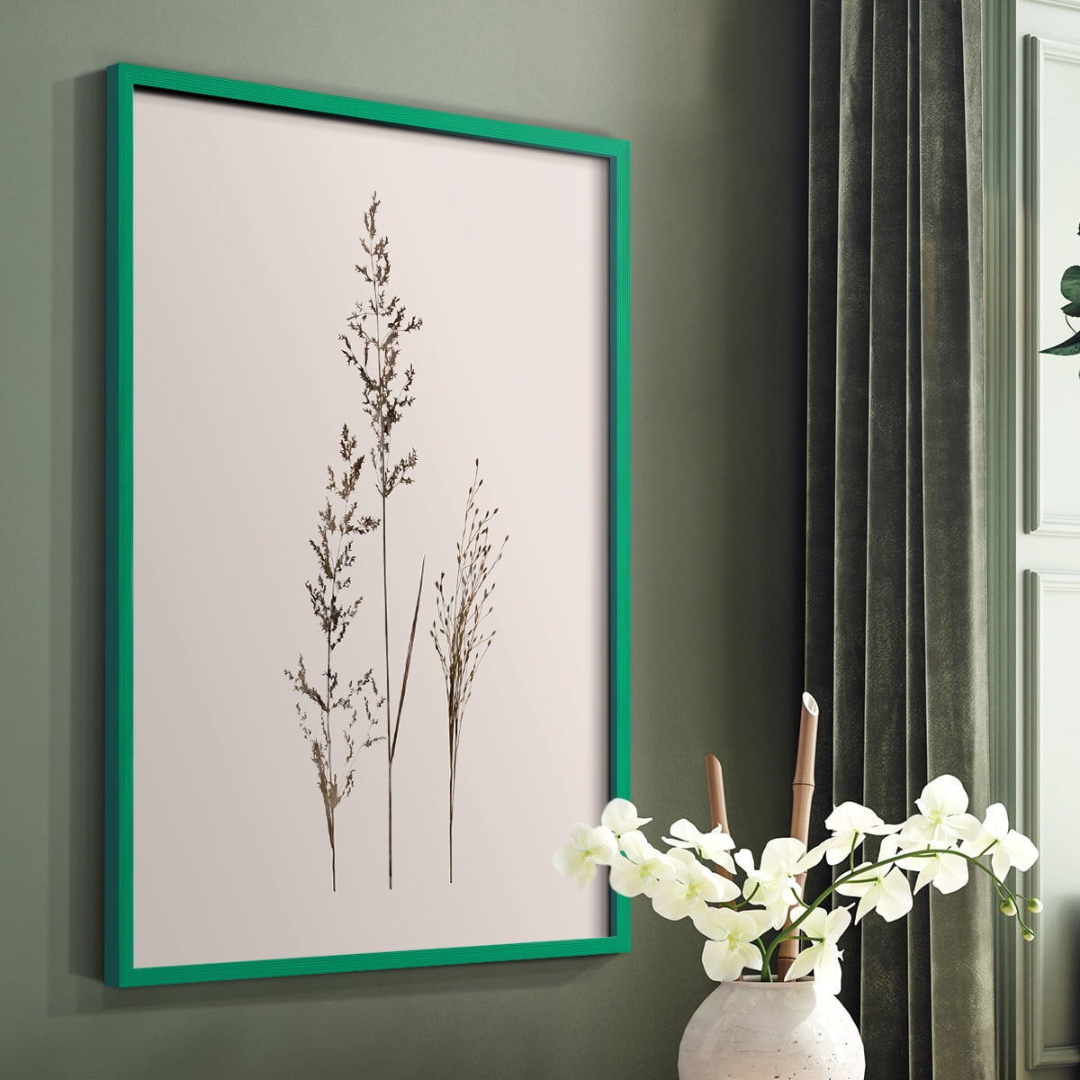 Delicate Stems I Framed Print in Green Solid Wood Framed Print No Nail Hanging