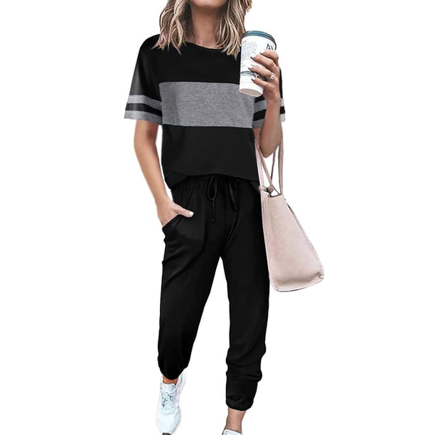 Conjunto Deportivo PRETTYGARDEN Mujer Dos Piezas Rayado Negro Talle M