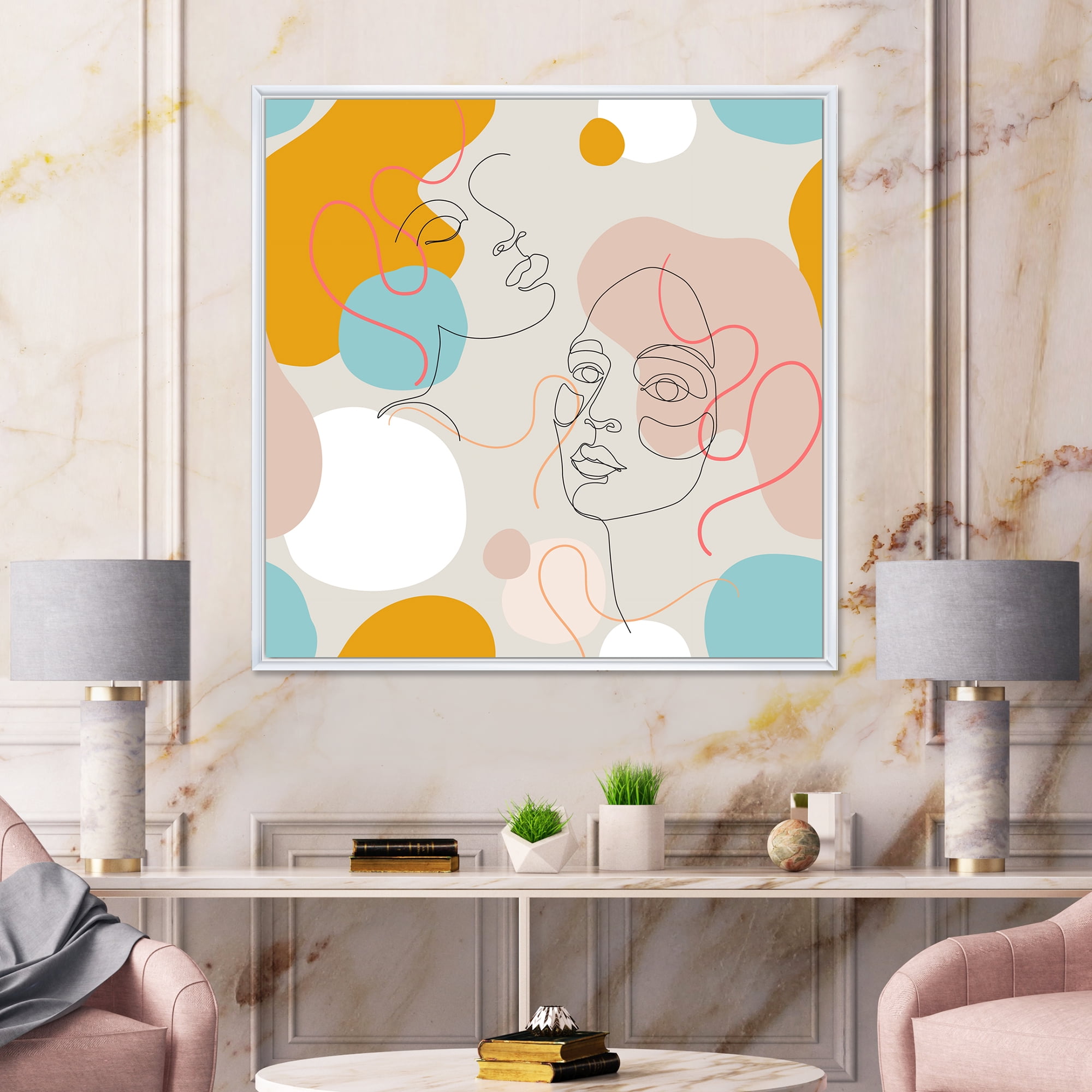 Designart 'Minimal Portrait of Female Face Drawn With One Line II' Modern Framed Canvas Wall Art Print