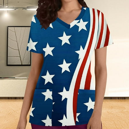 

MELDVDIB Women Nursing Scrub Tops Independence Day Flag Print T Shirt V-Neck Working Uniform Workwear Pocket Tops Gift on Clearance