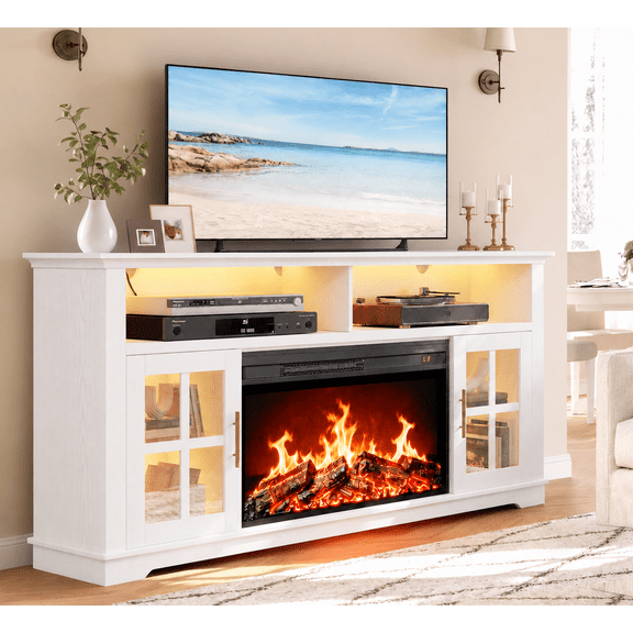 UHOMEPRO 63 Inch Electric Fireplace TV Stand for TVs up to 70 Inch, Fireplace Entertainment Center with 30 Inch Fireplace, LED Lights, Modern TV Console Table for Living Room, White