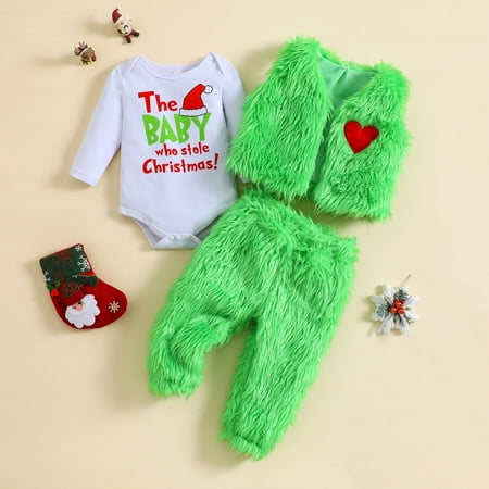 

Viworld Toddler Baby Christmas Bodysuit with Romper Overalls Set Crew Neck Furry Waistcoat Pants Three-Piece Suit Green for 12-18 Months