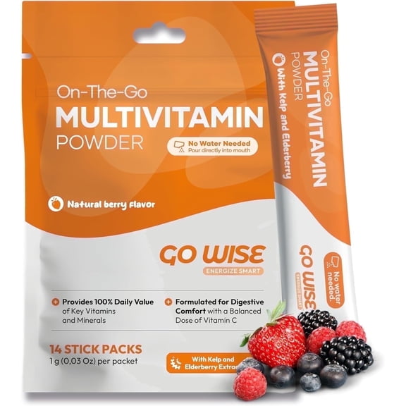 Go Wise Adult Complete Adult Multivitamin Powder for Women and Men, Essential vitamins, Formula  for sensitive stomach, No Water Needed, 14 Sticks