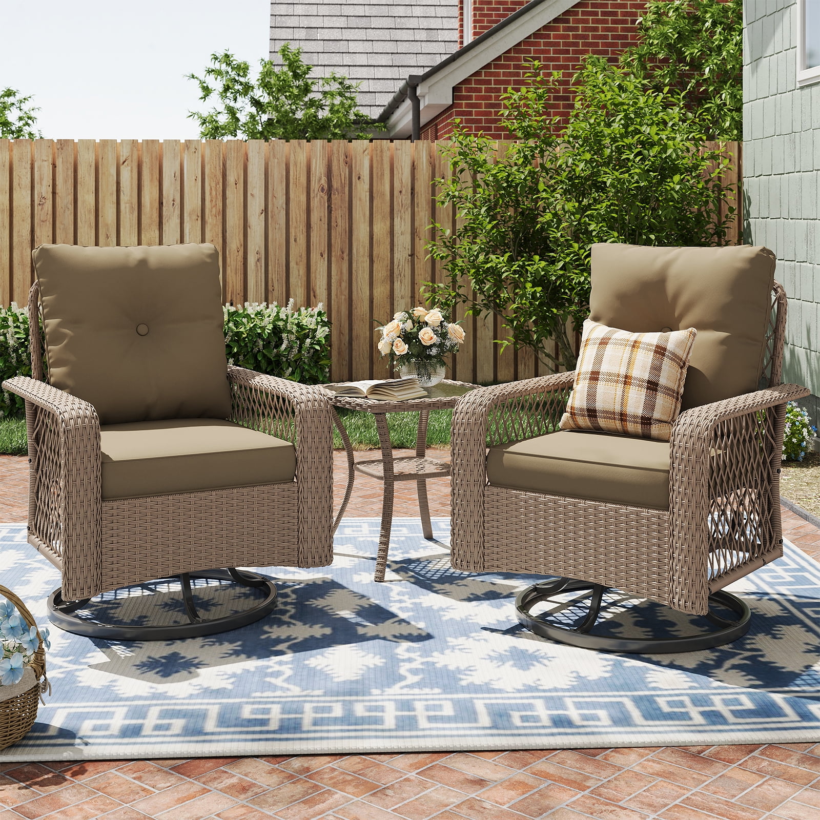 MRUAKA 3 Pieces Patio Furniture Set, Outdoor Swivel Gliders Rocker, Wicker Patio Bistro Set w Rattan Rocking Chair, Glass Top Side Table Thickened Cushions for Porch Deck Backyard (Khaki)